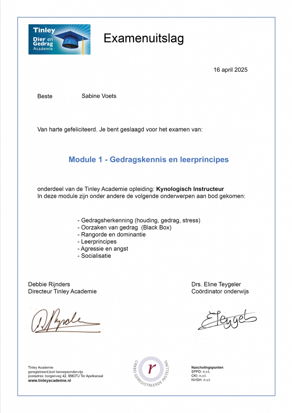 Certificaat module 1 Kynologisch instructeur en ABA